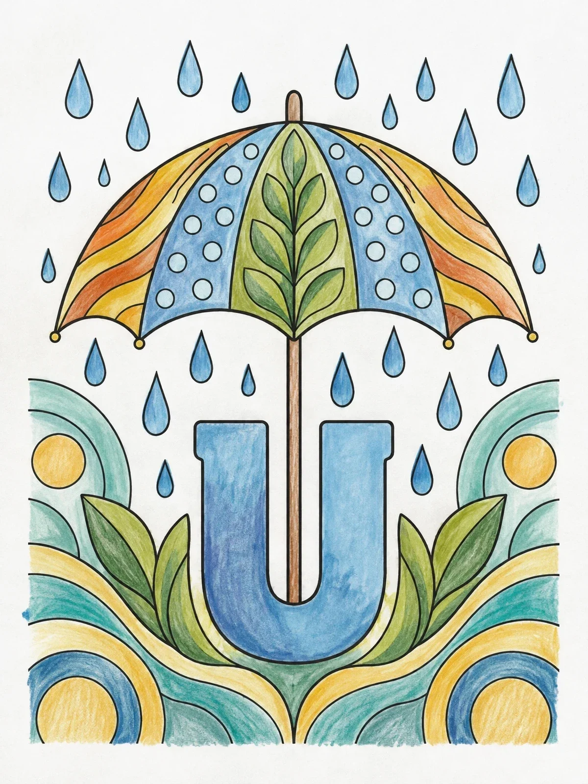 Colored example of the Patterned Umbrella With Letter U coloring page