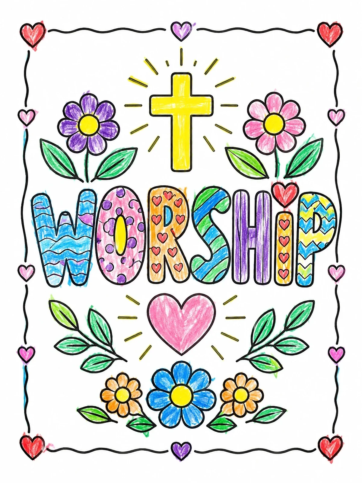 Colored example of the Patterned Worship Cross And Flowers coloring page