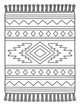 Geometric patterns adorn this blanket coloring page with fringe edges.