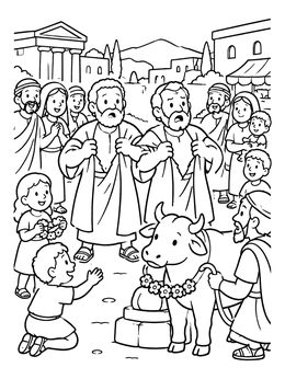 Citizens bring an ox while the apostles react in this paul and barnabas coloring page.