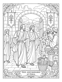 A detailed paul and barnabas coloring page showing the apostles arriving at the ancient city gate of Perga.