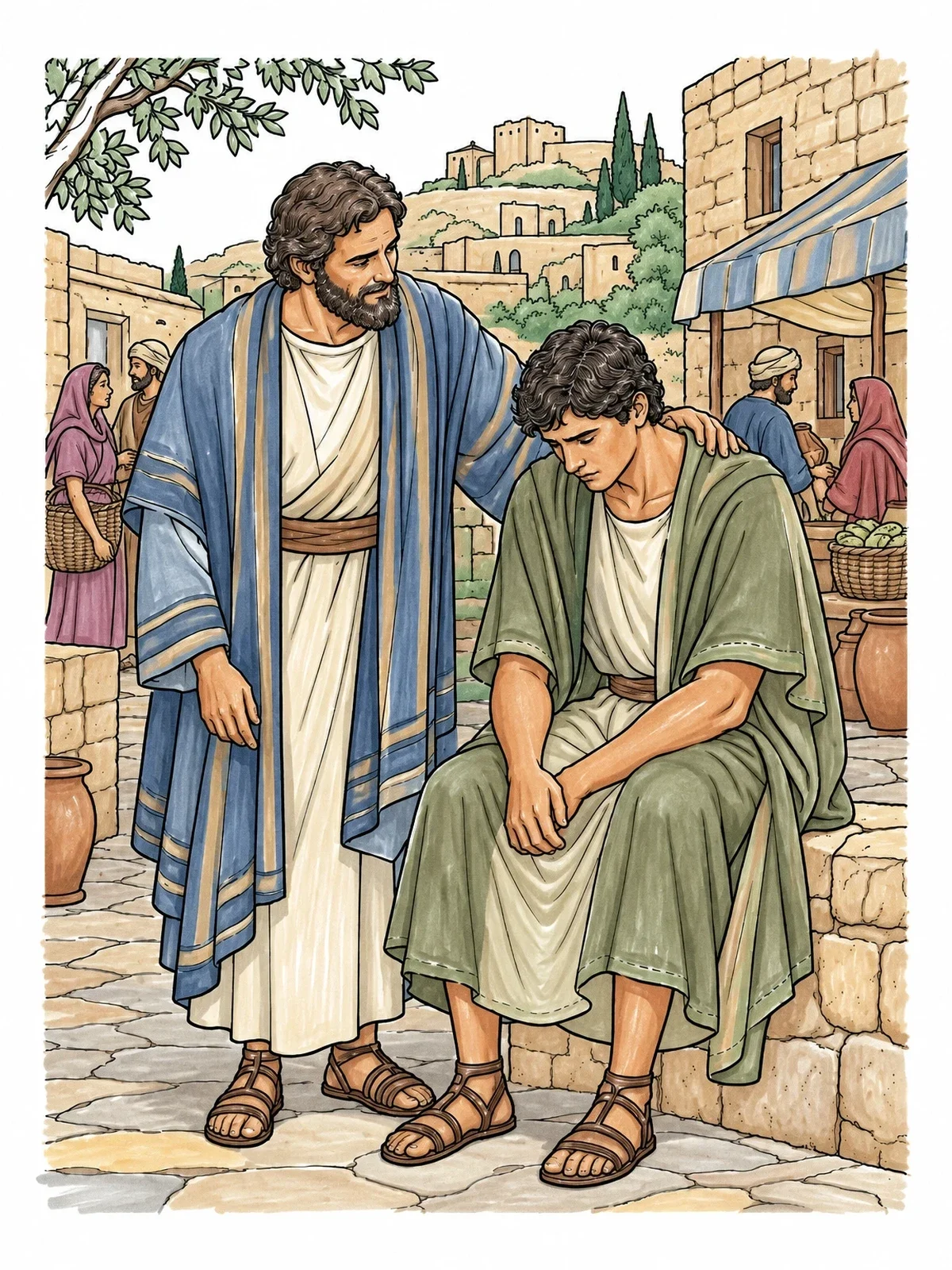 Colored example of the Barnabas Comforting Young John Mark coloring page