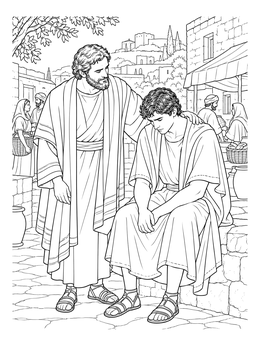A detailed paul and barnabas coloring page showing Barnabas comforting a seated young man in an ancient city.