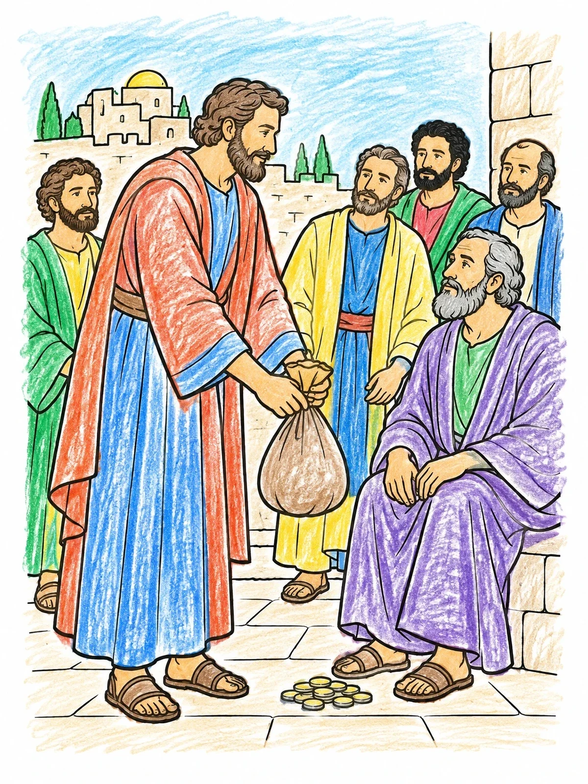 Colored example of the Barnabas Bringing An Offering To The Apostles coloring page