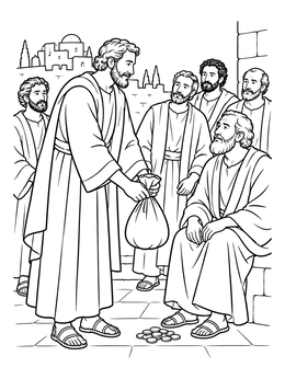 A man offers a sack of coins to seated apostles in this paul and barnabas coloring page.