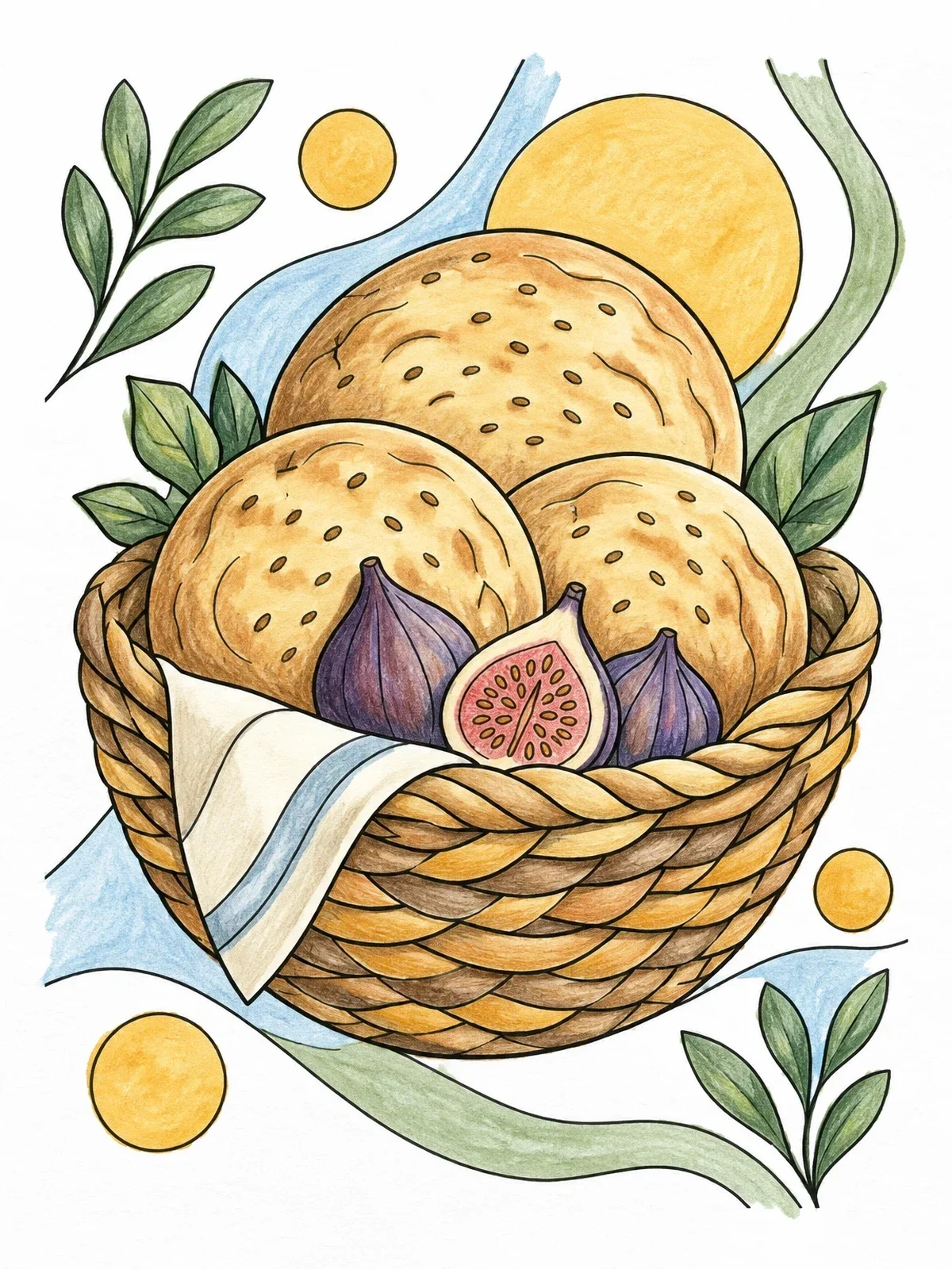 Colored example of the Basket Of Flatbread And Figs coloring page