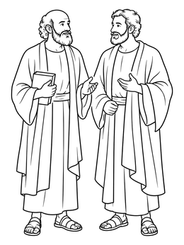 A friendly paul and barnabas coloring page showing both men standing and talking in robes.