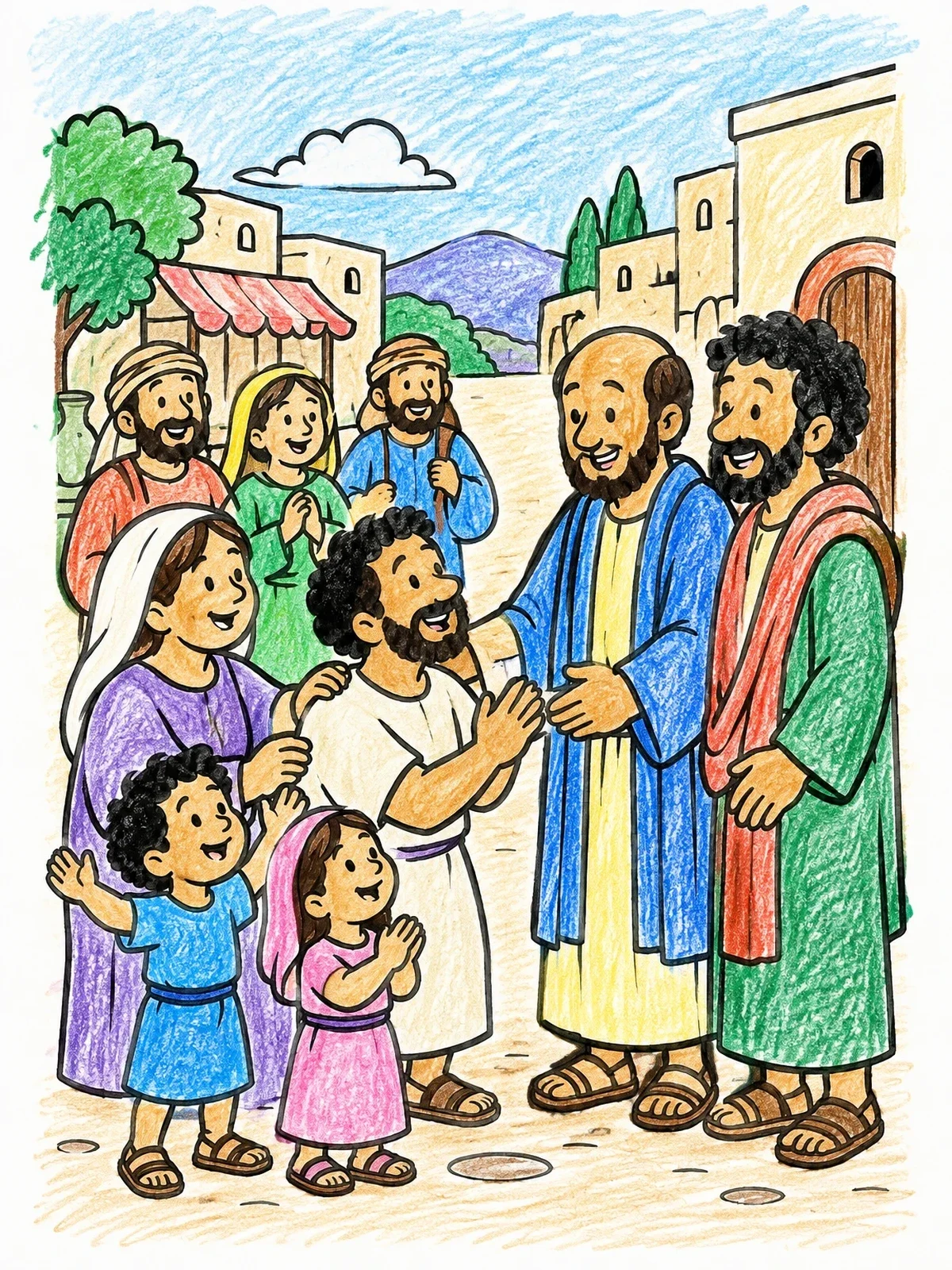 Colored example of the Paul And Barnabas Meeting Joyful Townspeople coloring page