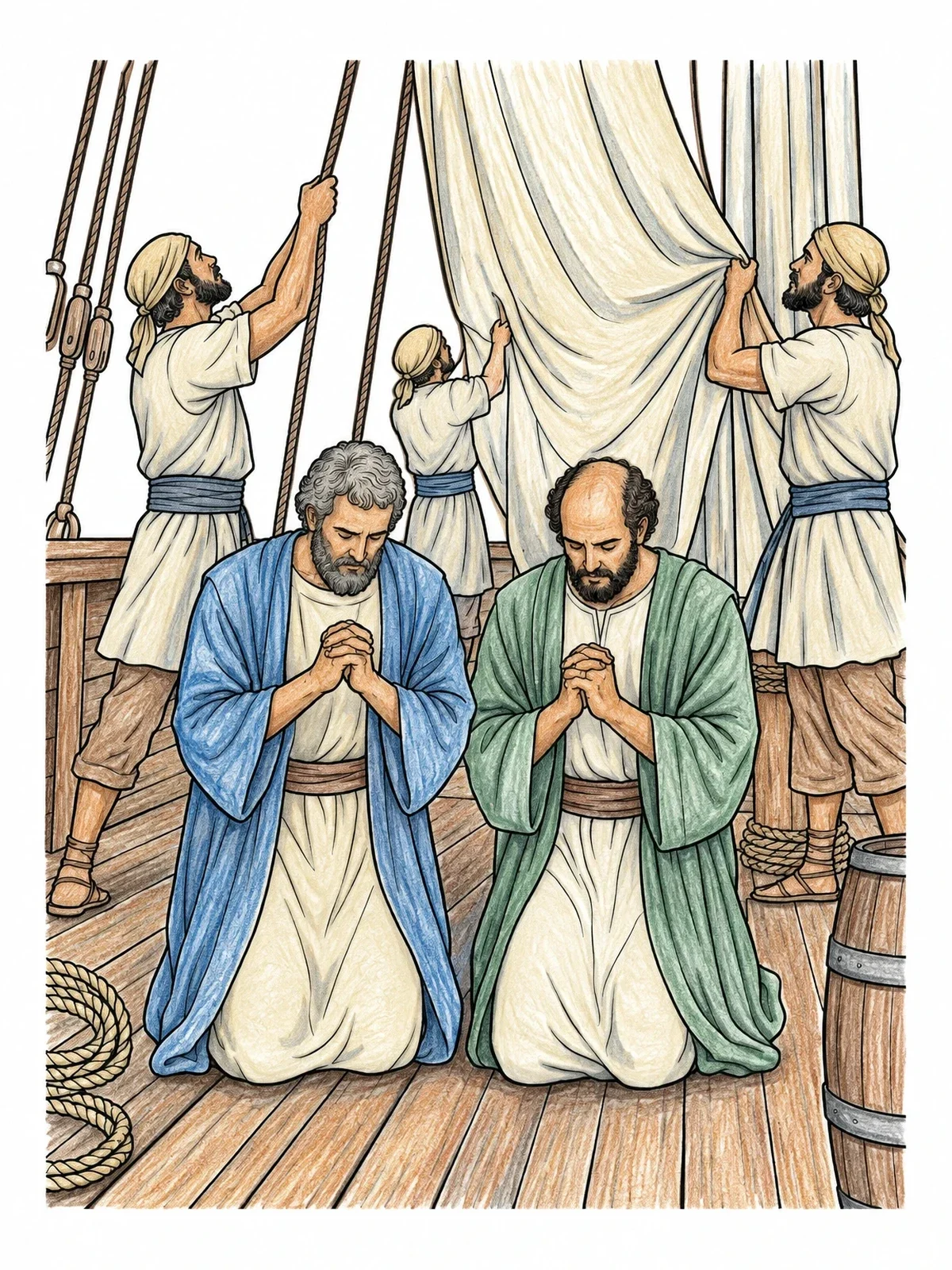 Colored example of the Paul And Barnabas Praying On Deck coloring page