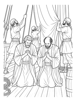 Paul and Barnabas coloring page showing two apostles praying on a ship deck while sailors adjust the sails.