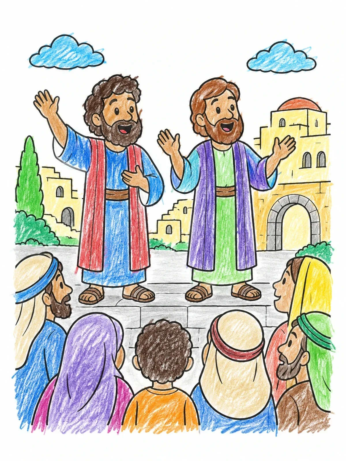 Colored example of the Paul And Barnabas Preaching To Crowd coloring page