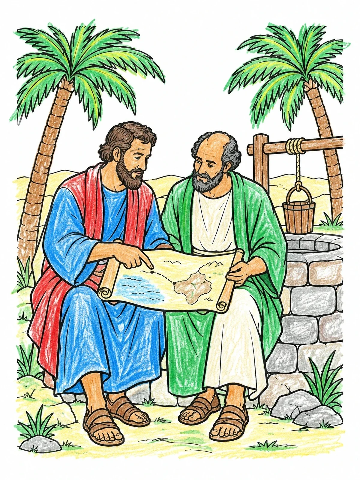 Colored example of the Paul And Barnabas Examining A Map coloring page