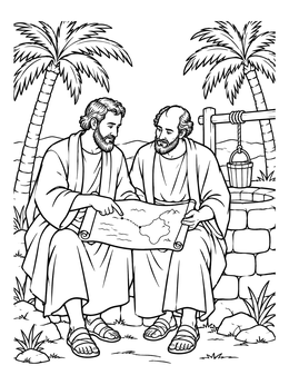 A detailed paul and barnabas coloring page showing two apostles resting by a stone well with a scroll map.