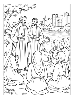 A detailed paul and barnabas coloring page showing two apostles speaking to women gathered near a river.