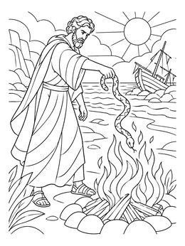 A man drops a viper into a beach fire near a wrecked ship on this shipwreck coloring page.