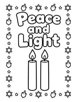 Two glowing candles framed by dreidels and stars on this hanukkah coloring page.