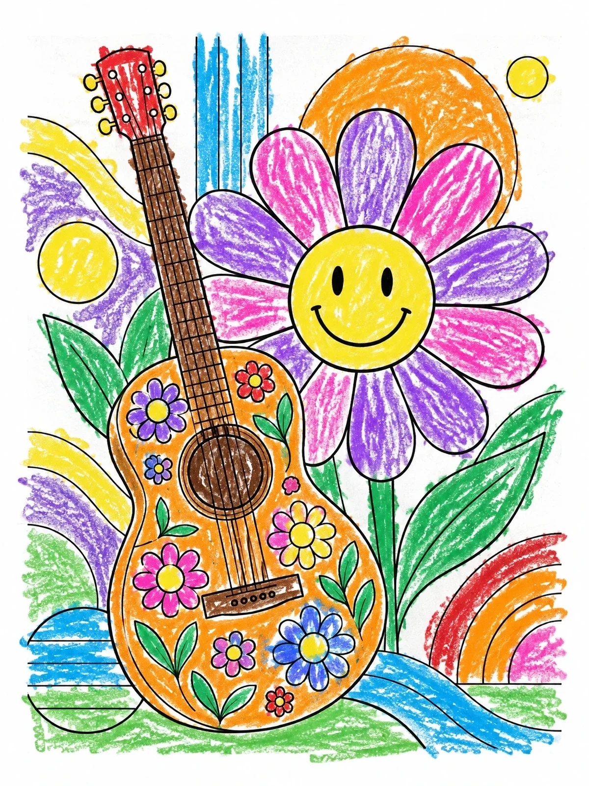 Colored example of the Acoustic Guitar Beside Smiling Daisy coloring page