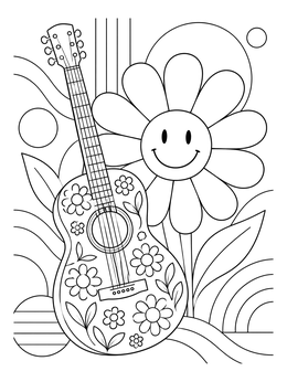 A floral acoustic guitar rests by a flower in this peace and love coloring page.
