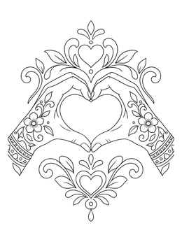 Heart hands with floral henna patterns on this peace and love coloring page.