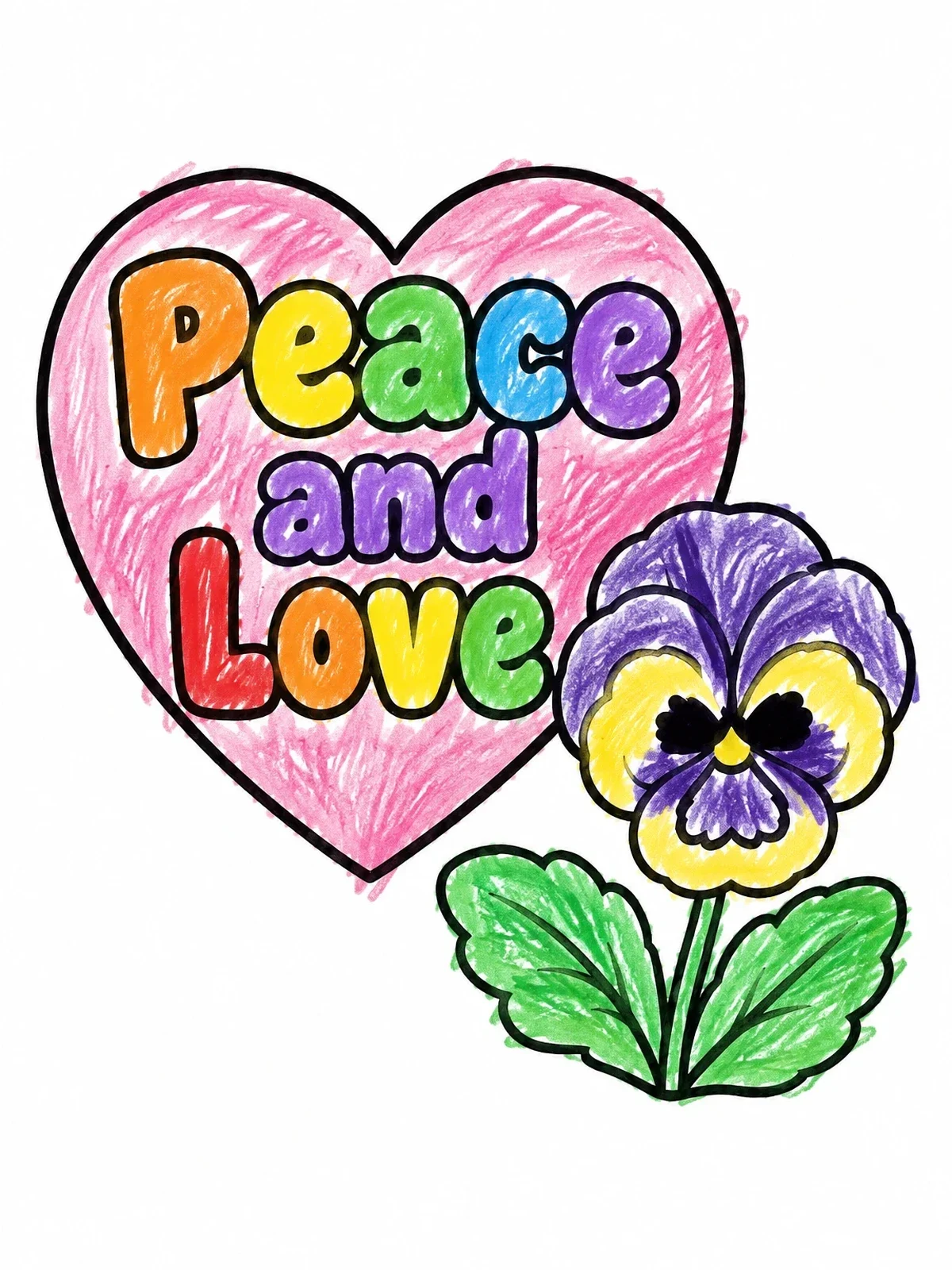 Colored example of the Peace And Love Pansy Flower coloring page