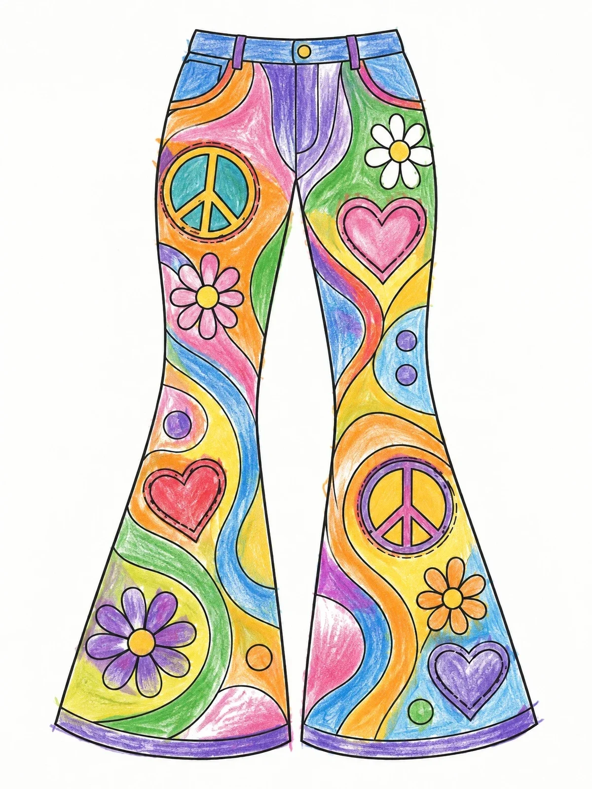 Colored example of the Retro Bell Bottom Pants With Patches coloring page
