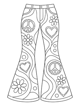 A pair of flared pants with retro designs on this peace and love coloring page.