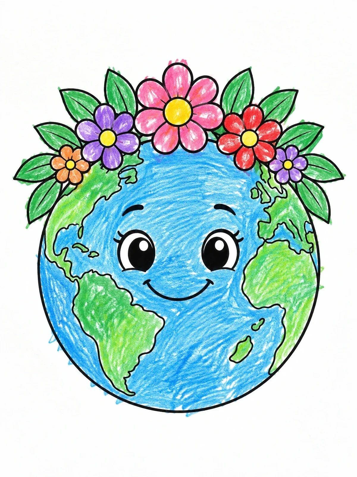 Colored example of the Smiling Planet Earth With Flower Crown coloring page