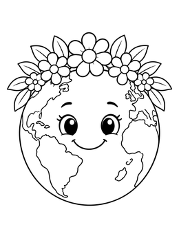 Free printable Smiling Planet Earth With Flower Crown coloring page