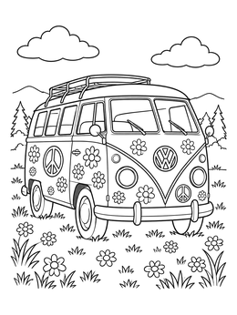 A vintage camper van decorated with flowers on this peace and love coloring page.