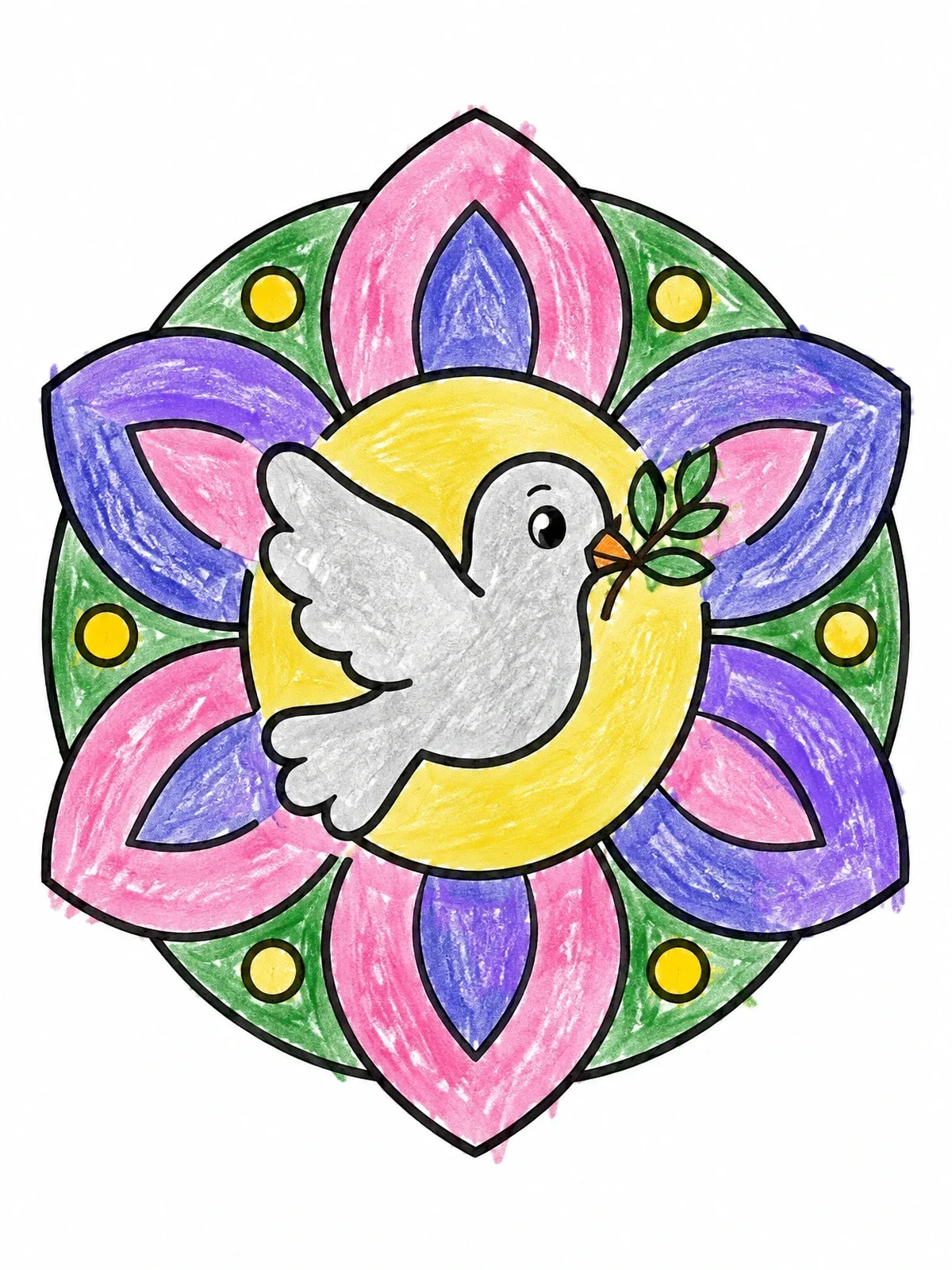 Colored example of the Peace Dove Flower Mandala coloring page