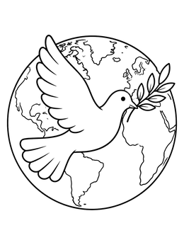 A peaceful dove carrying an olive branch flies over the globe in this earth coloring page.