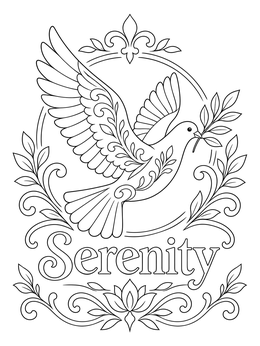 A peaceful dove carrying an olive branch above the word Serenity on this prayer coloring page.