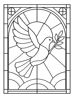 A soaring peace dove with an olive branch in a stained glass coloring page.