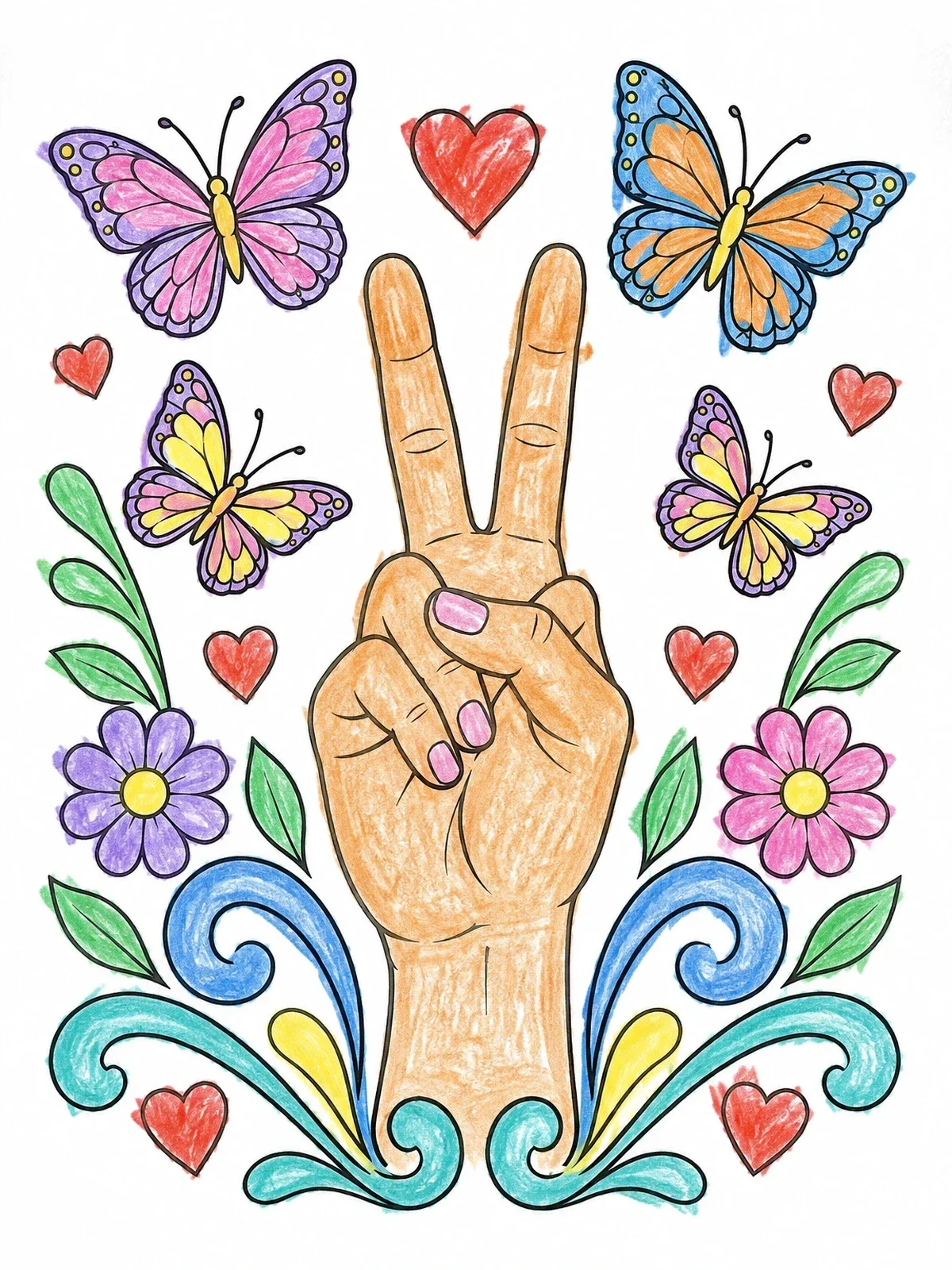 Colored example of the Peace Hand Sign With Butterflies coloring page