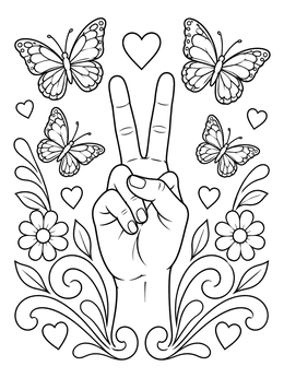 Free printable Peace Hand Sign With Butterflies coloring page