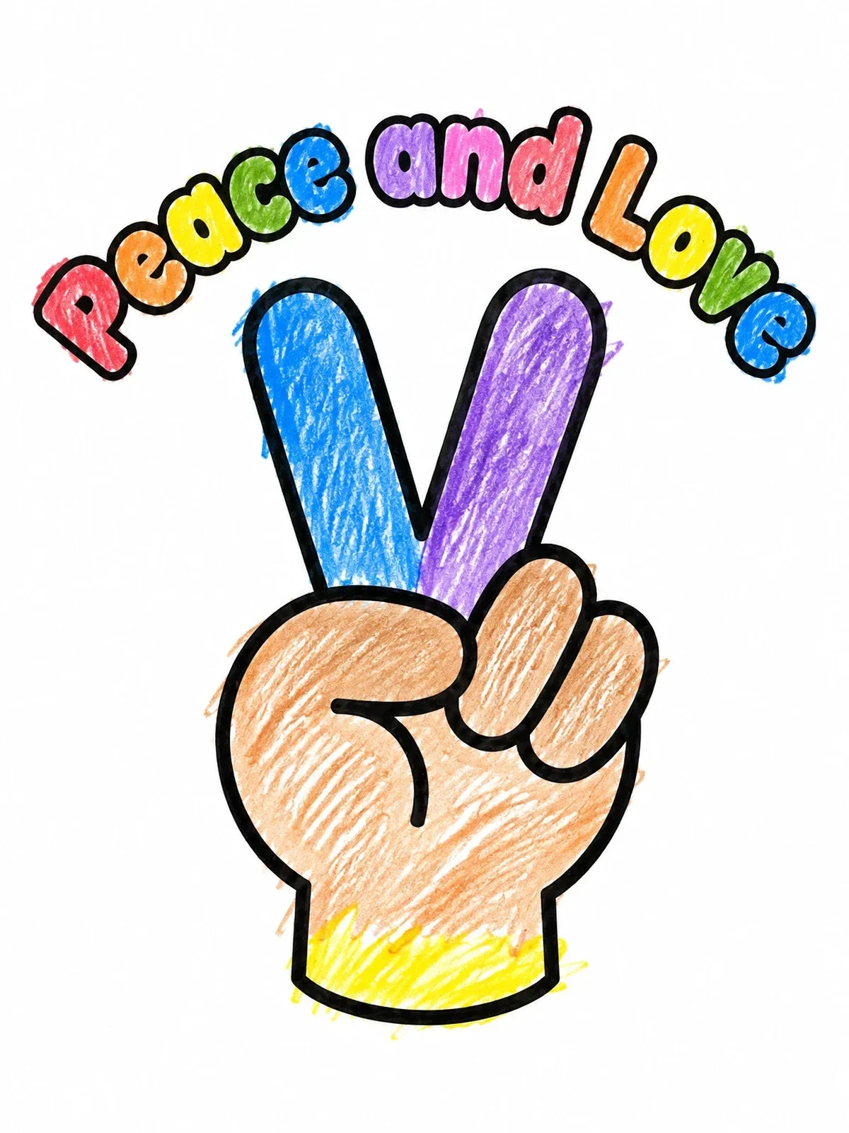 Colored example of the Peace Hand Sign With Text coloring page