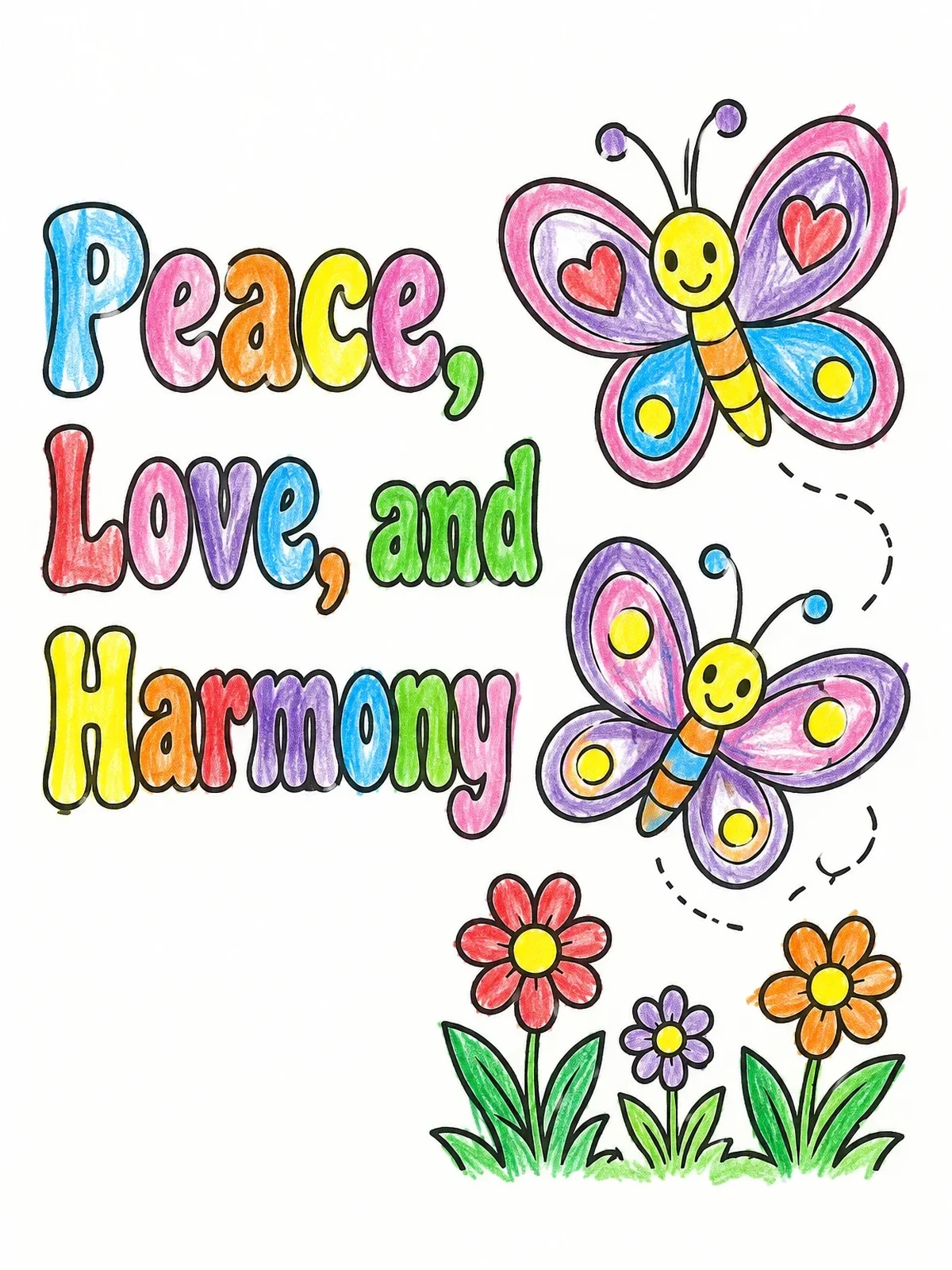 Colored example of the Peace, Love, And Harmony Butterflies coloring page
