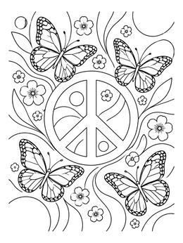 Detailed peace sign coloring page surrounded by fluttering butterflies and floating flowers.
