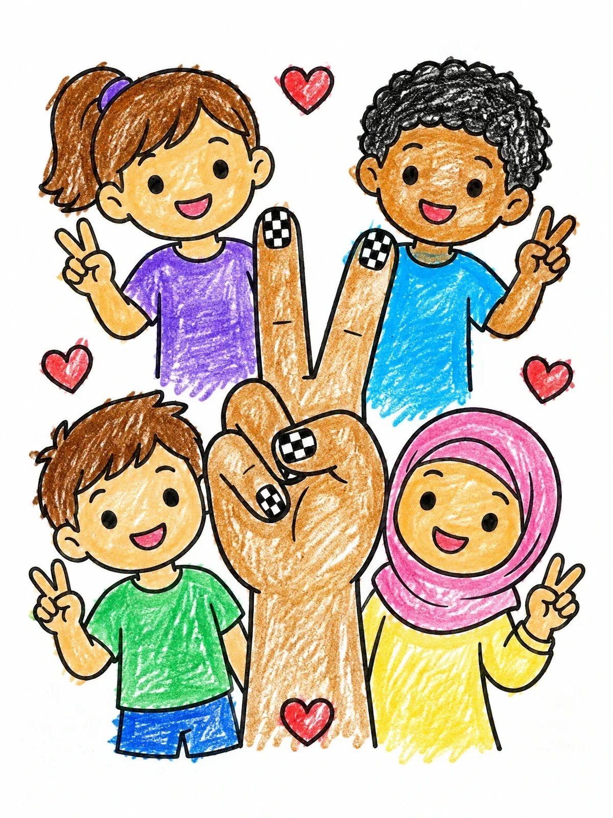 Colored example of the Peace Sign Checkerboard Nail Art coloring page