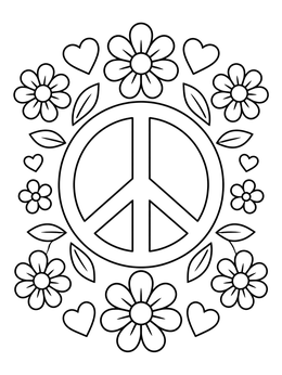 Free printable Peace Sign With Flowers And Hearts coloring page