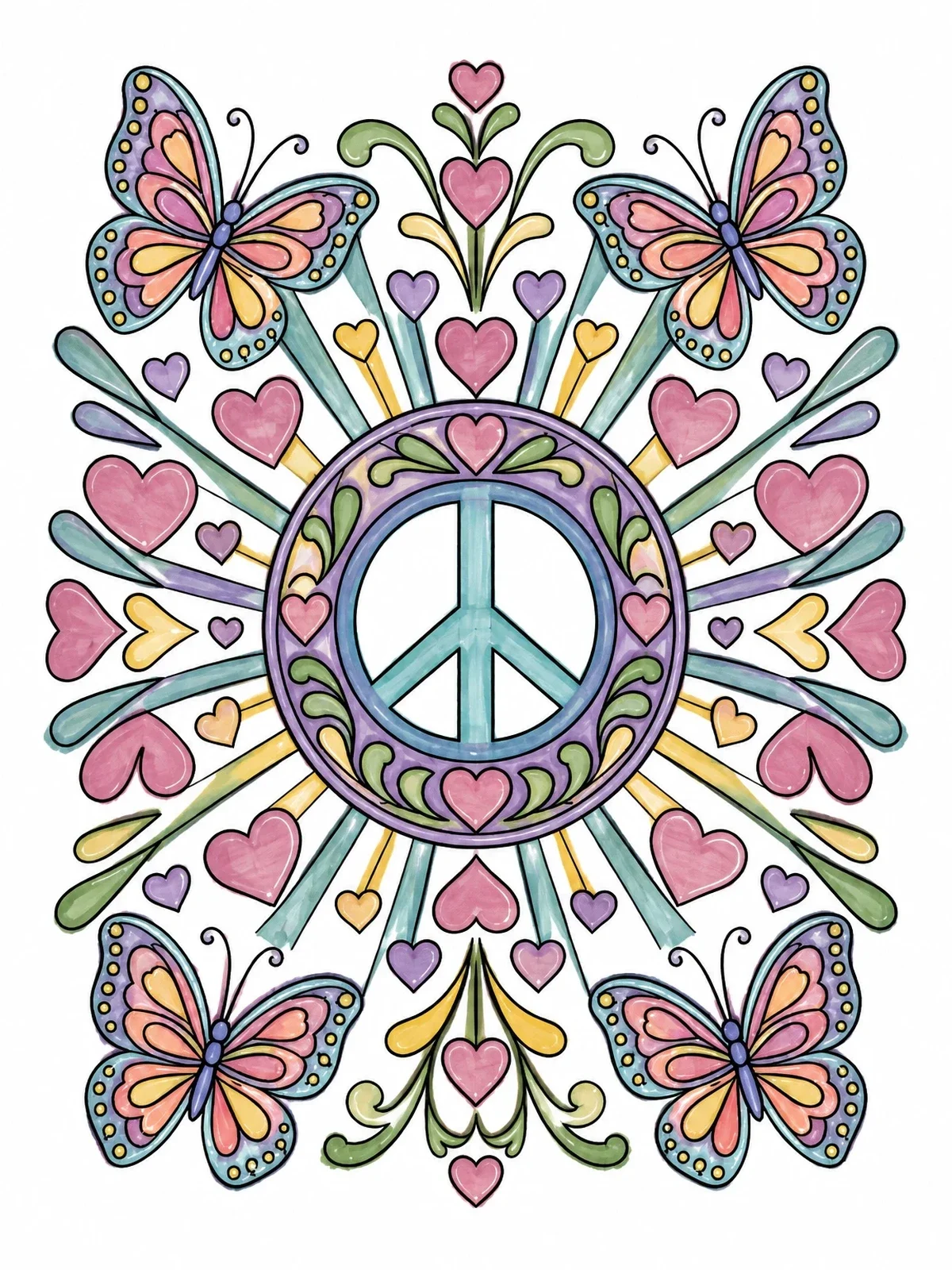 Colored example of the Peace Sign With Hearts And Butterflies coloring page
