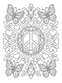 A peaceful design in this peace and love coloring page featuring a peace symbol and butterflies.