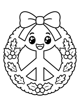Free printable Happy Peace Sign Holiday Wreath coloring page