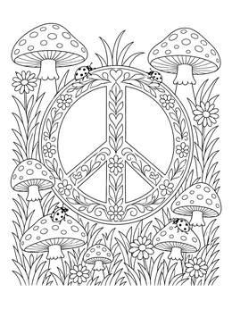 A nature-inspired peace sign coloring page with spotted mushrooms, ladybugs, and grass.
