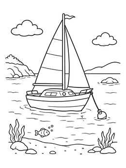 Free printable Sailboat Anchored In A Shallow Bay coloring page