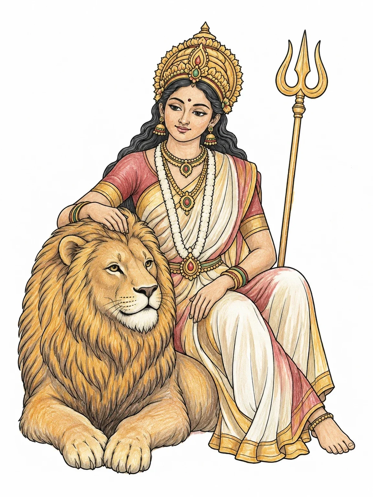Colored example of the Peaceful Goddess Durga With Noble Lion coloring page