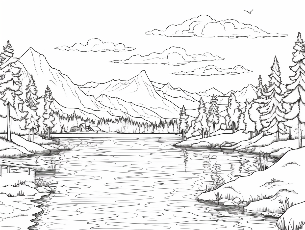 Peaceful Lake Illustration To Color - Coloring Page