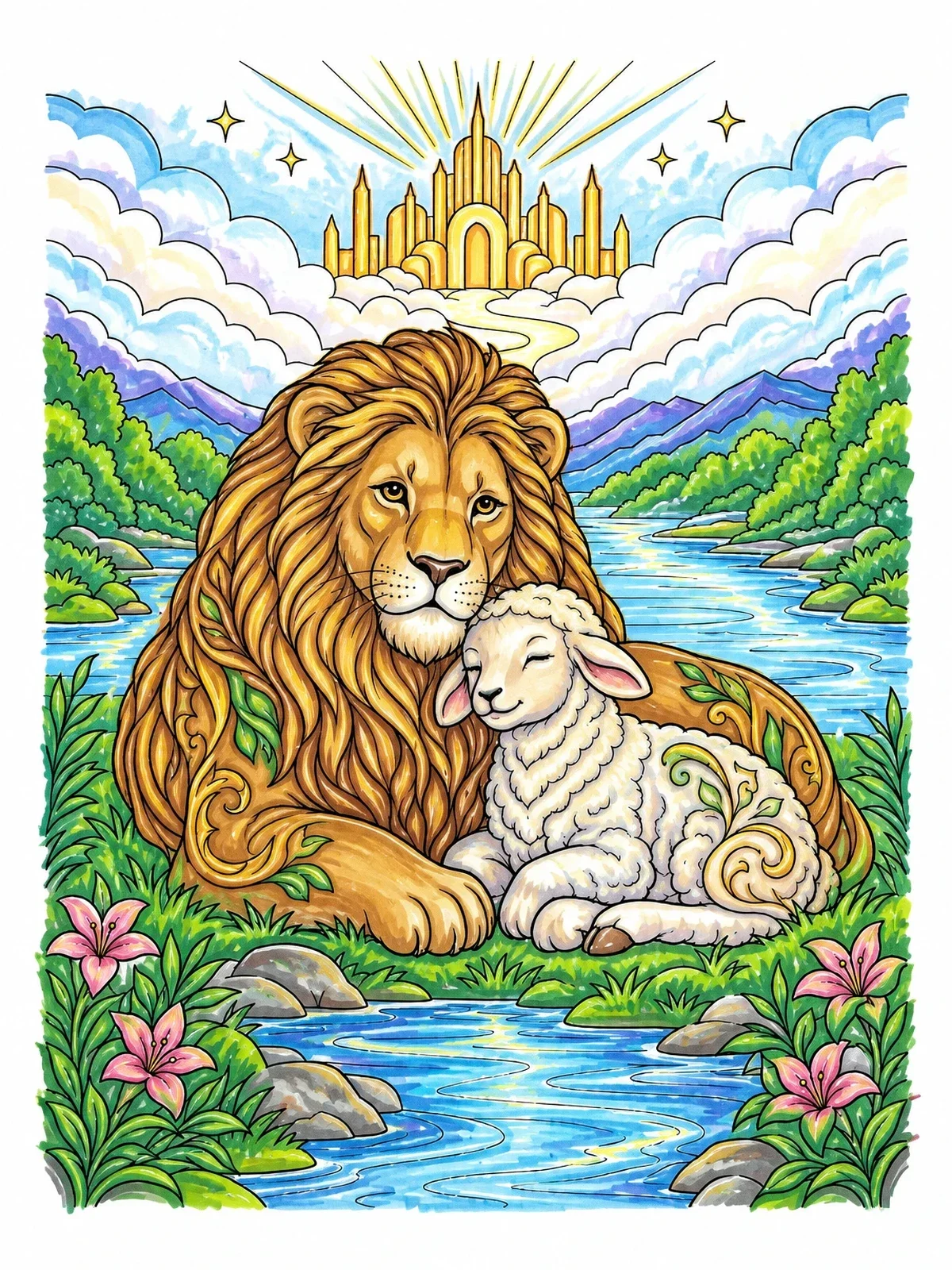 Colored example of the Peaceful Lion And Lamb In Heaven coloring page