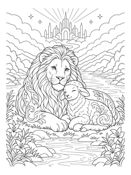 Free printable Peaceful Lion And Lamb In Heaven coloring page