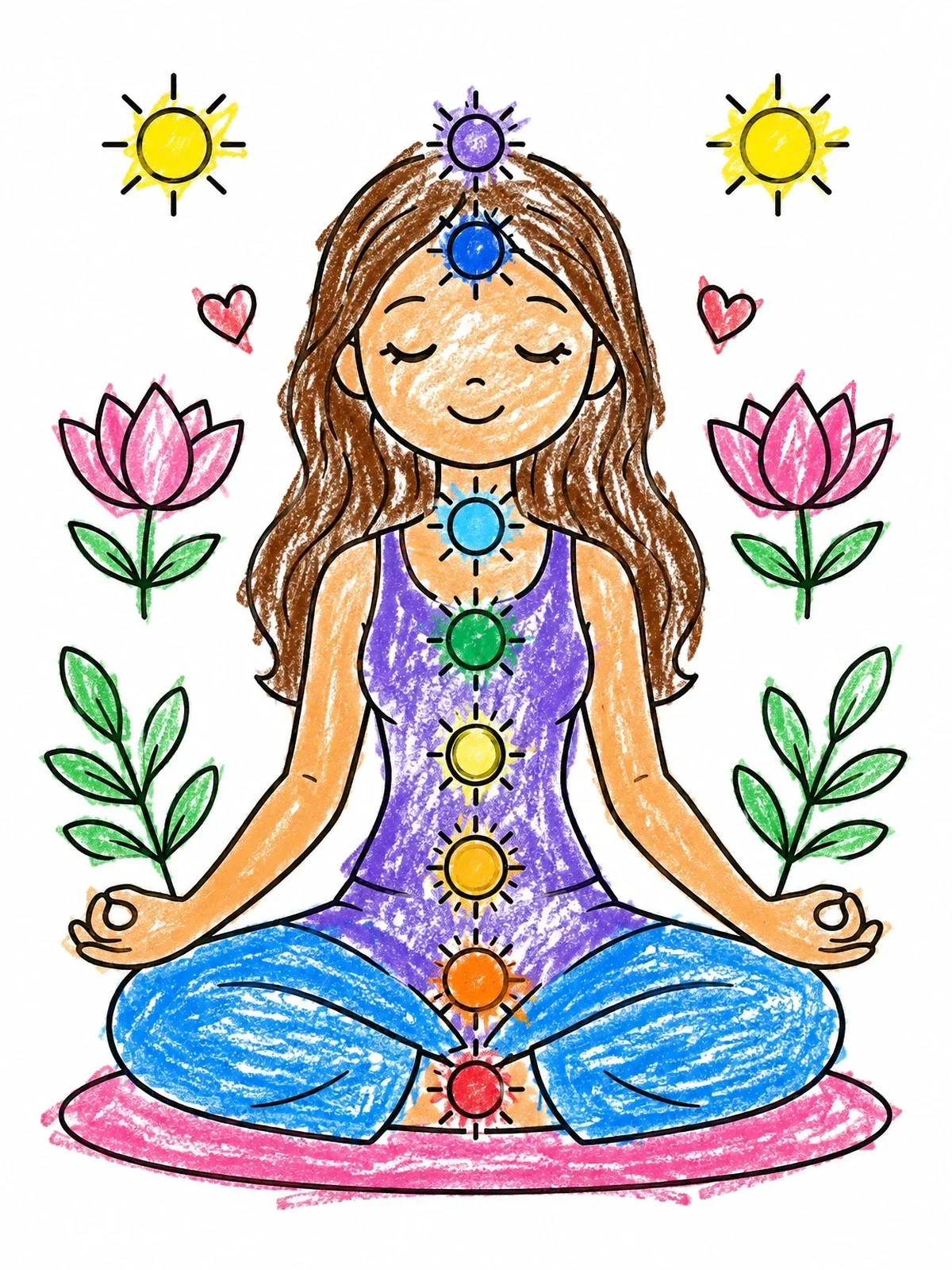 Colored example of the Peaceful Girl Meditating With Chakras coloring page